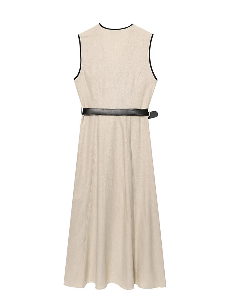 Belted Contrast Trim Midi Dress