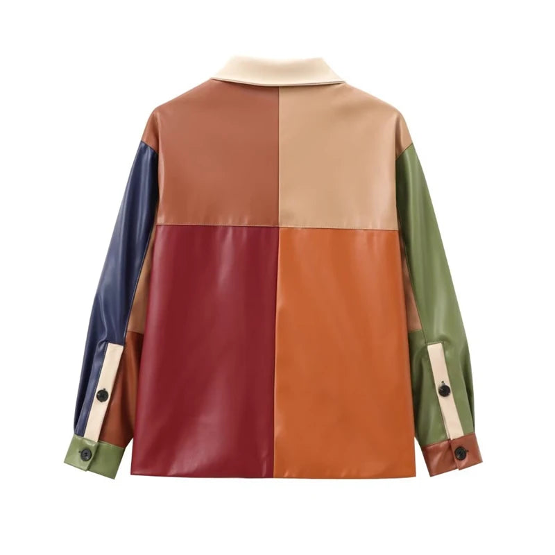 Colorblock Faux Leather Shirt Jacket