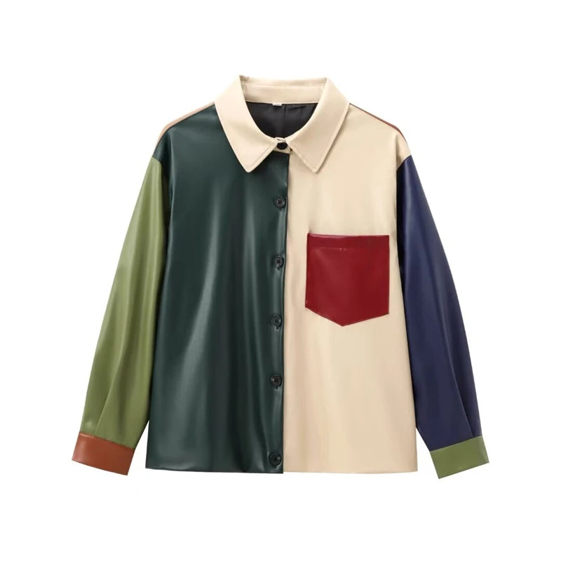 Colorblock Faux Leather Shirt Jacket