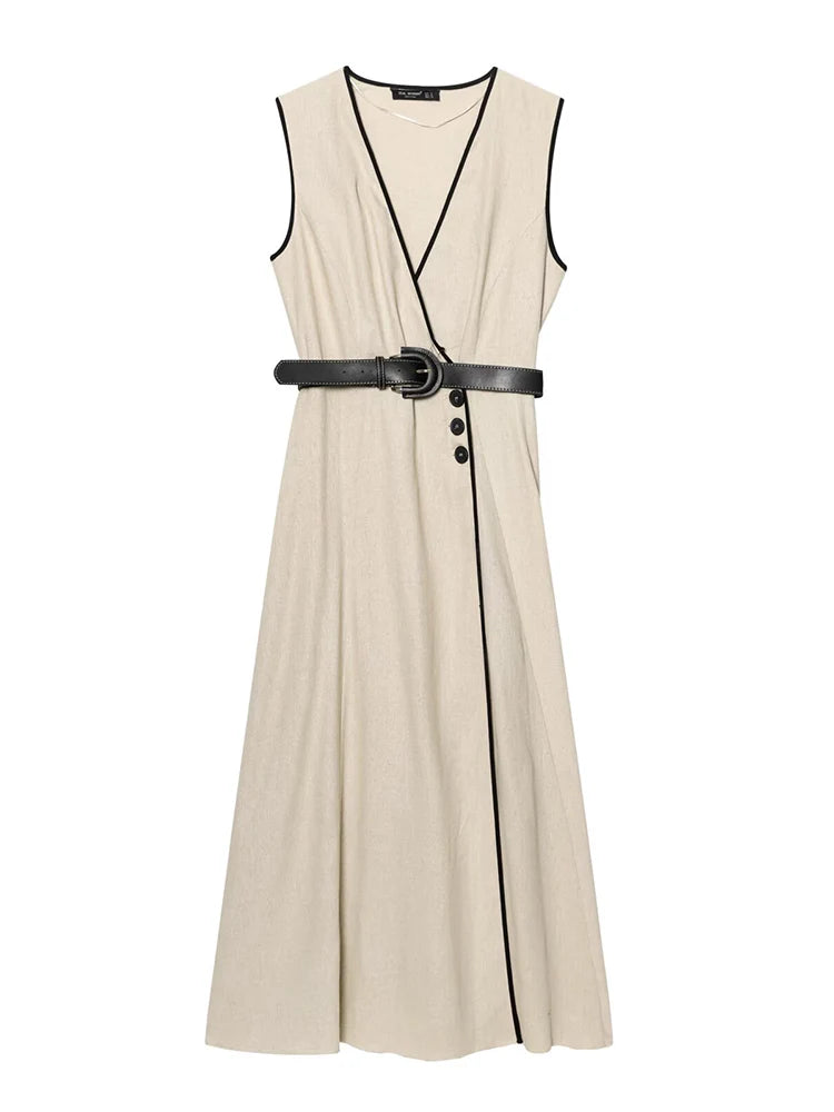 Belted Contrast Trim Midi Dress