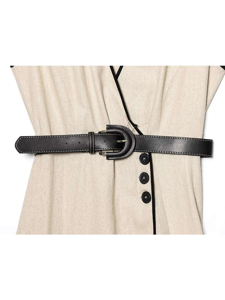 Belted Contrast Trim Midi Dress