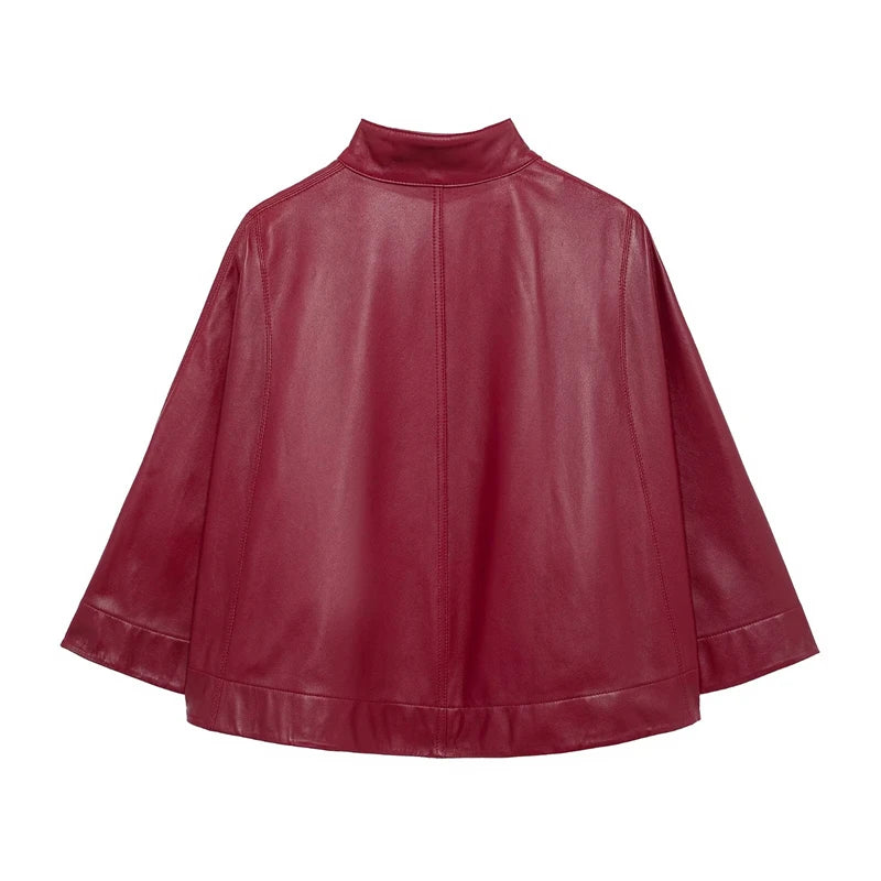 Crimson Faux Leather Cape Jacket