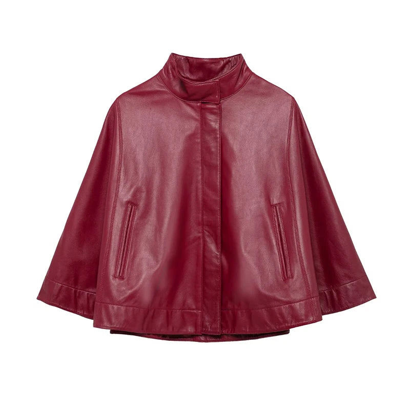Crimson Faux Leather Cape Jacket