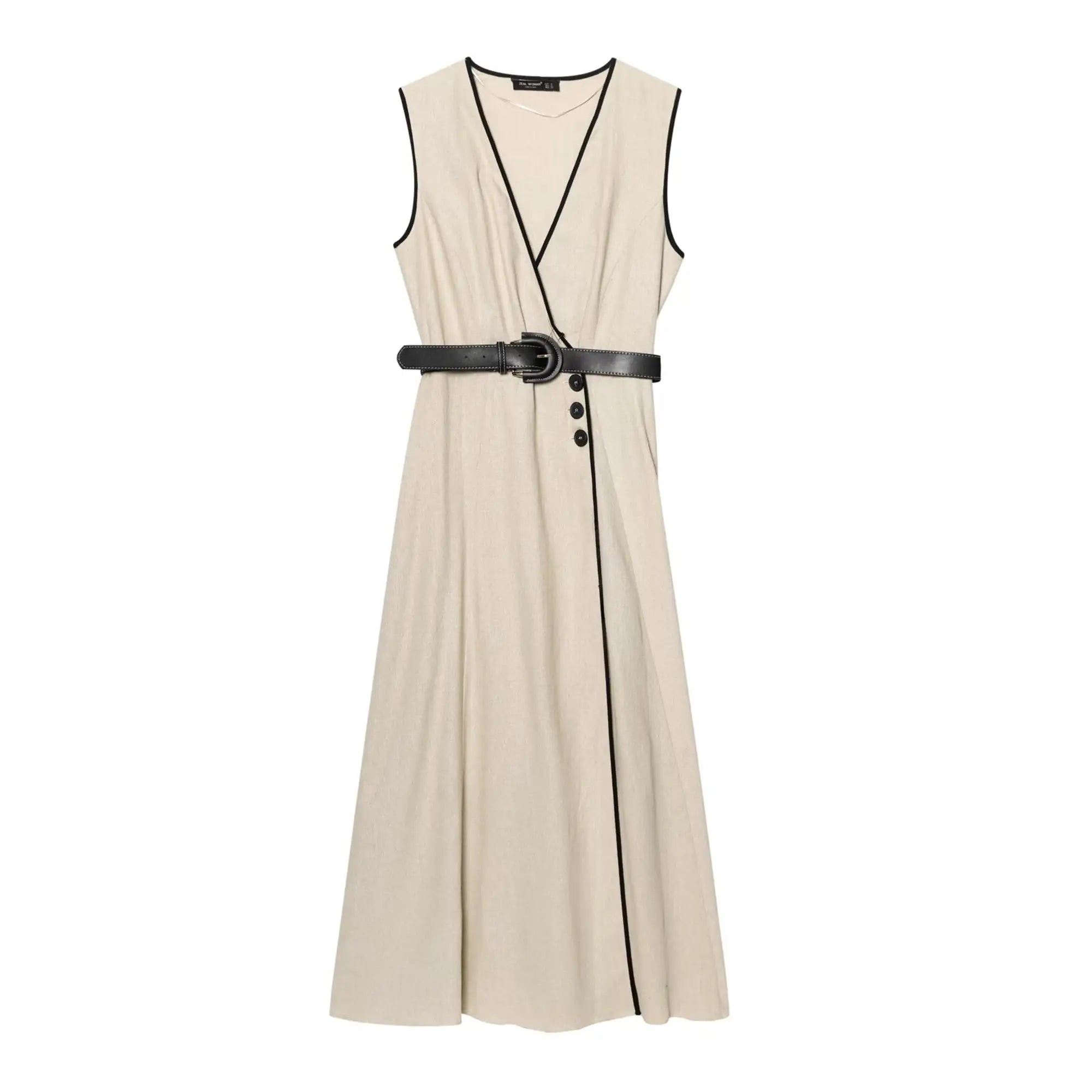 Belted Contrast Trim Midi Dress